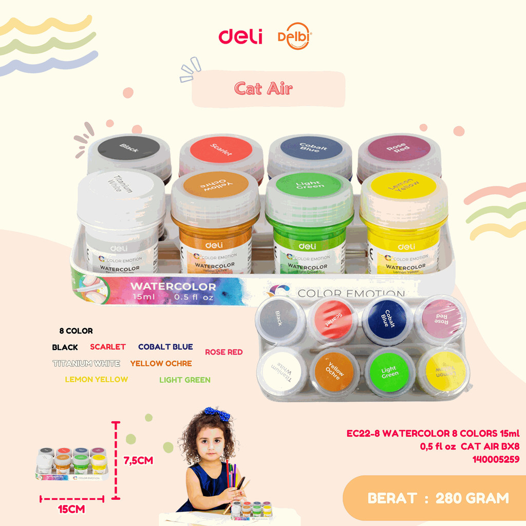 

EC22-8 WATERCOLOR 8 COLORS 15ml 0,5 fl oz CAT AIR EC22-8 WATERCOLOR 8 COLORS 15ml 0,5 fl oz CAT AIR