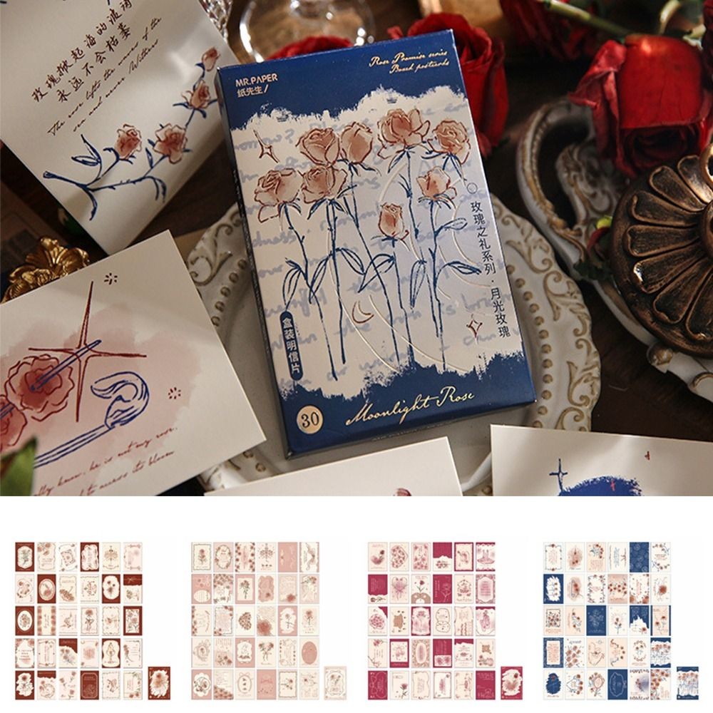 

30pcs/set Vintage Series Flower Postcard Set Romantic Rose Flower Printed Wall Poster Greeting Cards Colorful Artistic
