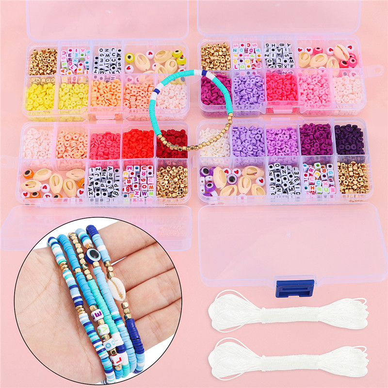 10 Grid Boxed Beads Kits Polymer Clay Acrylic Letter Seed Beads Jewelry Making Kit Set Elastic Cord 