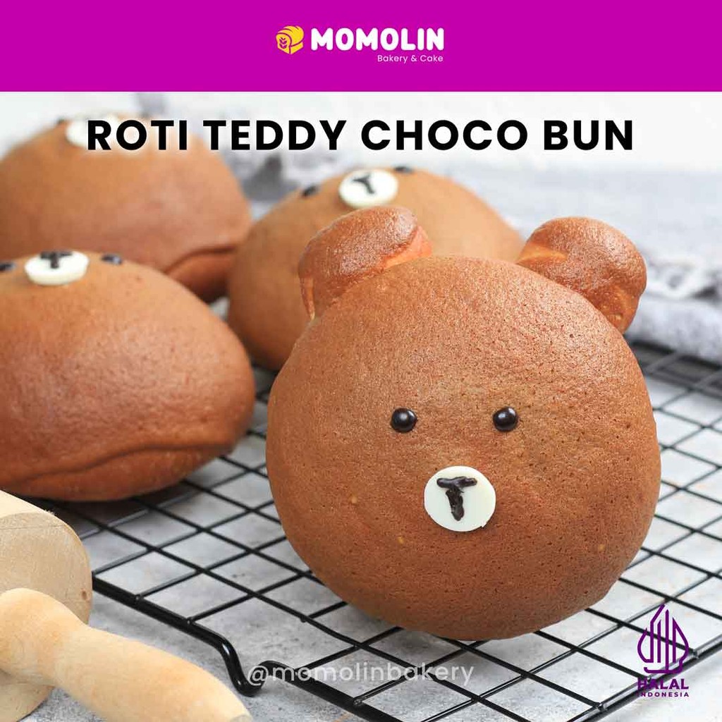 

Momolin Bakery - Teddy Choco Bun - Sweet Character Bun - Roti Premium - Roti Karakter Beruang Lucu - Roti Coklat