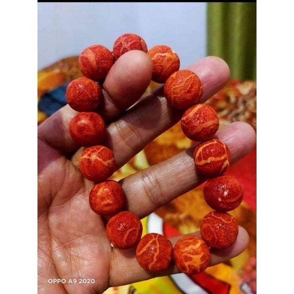 GELANG TASBIH FOSIL BATU MARJAN LAUT MERAH NATURAL
