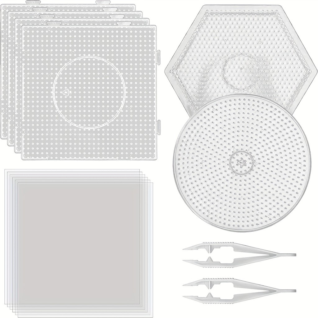 

5mm Large Clear Plastic Fuse Boards Beads Pegboards with Ironing Paper and White Tweezers Creative DIY Jewelry Craft Supplies