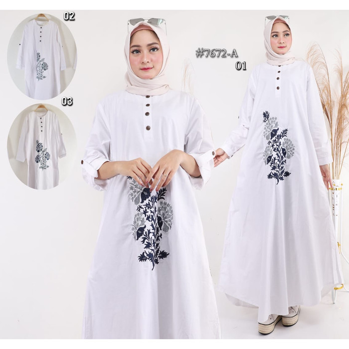 NEW -GAMIS JUMBO PUTIH. GAMIS BORDIR T2 PUTIH. GAMIS LD 120 CM - BORDIR ABU, XXXL
