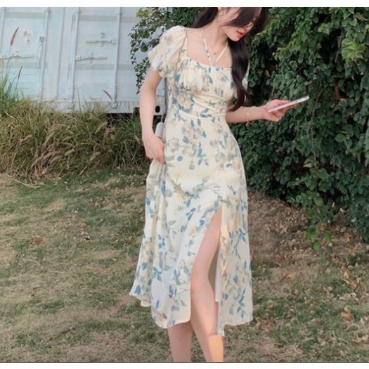 Midi Garden Dress Panjang Rok Bawah Lutut Vintage Bunga Warna Krem Lengan Balon - Dres Gaun Baju Pak