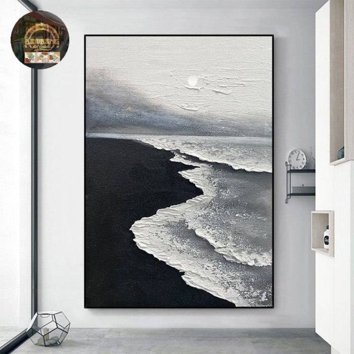 lukisan ombak cat timbul hitam putih