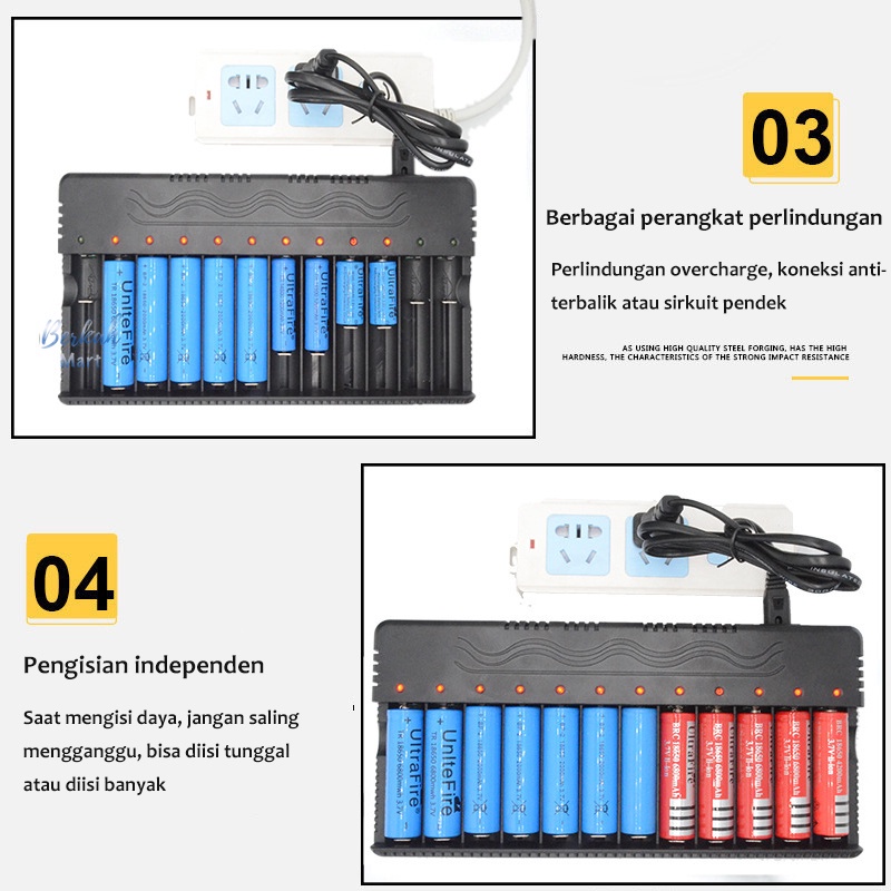 Pengisi Daya Baterai Lithium Universal 4 / 10 / 12 Slot Pengisian Li-ion Baterai Isi Ulang untuk 14500 16350 18500 18650 Output 6400mA 4.2V Input 100-240V