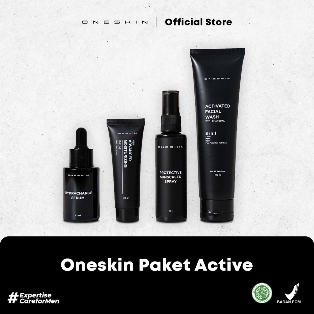 Oneskin Paket Active | Skincare Pria Dengan Perlindungan Maksimal (Facial Wash, Serum, Moisturizer &