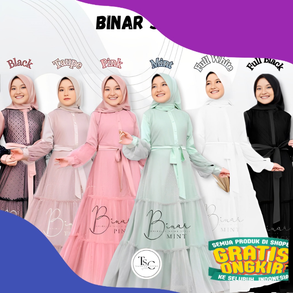 GAMIS ANAK TANGGUNG PEREMPUAN USIA 7-8-9-10-11-12-13-14 TAHUN GAMIS BINAR SYARI KIDS PLUS KERUDUNG G