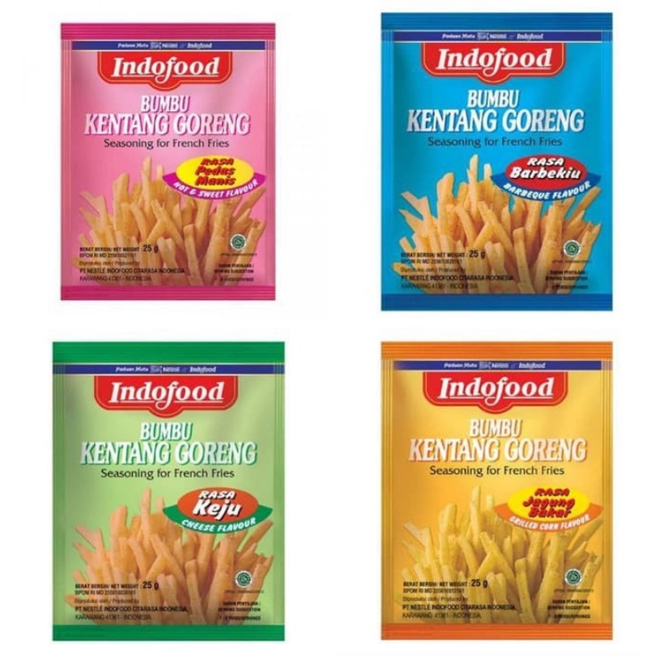 

BUMBU KENTANG GORENG INDOFOOD 25 GRAM RASA BARBEQUE JAGUNG BAKAR KEJU PEDAS MANIS BARBEKIU FRENCH FRIES SEASONING 25GR GR PINK BIRU HIJAU ORANGE BBQ