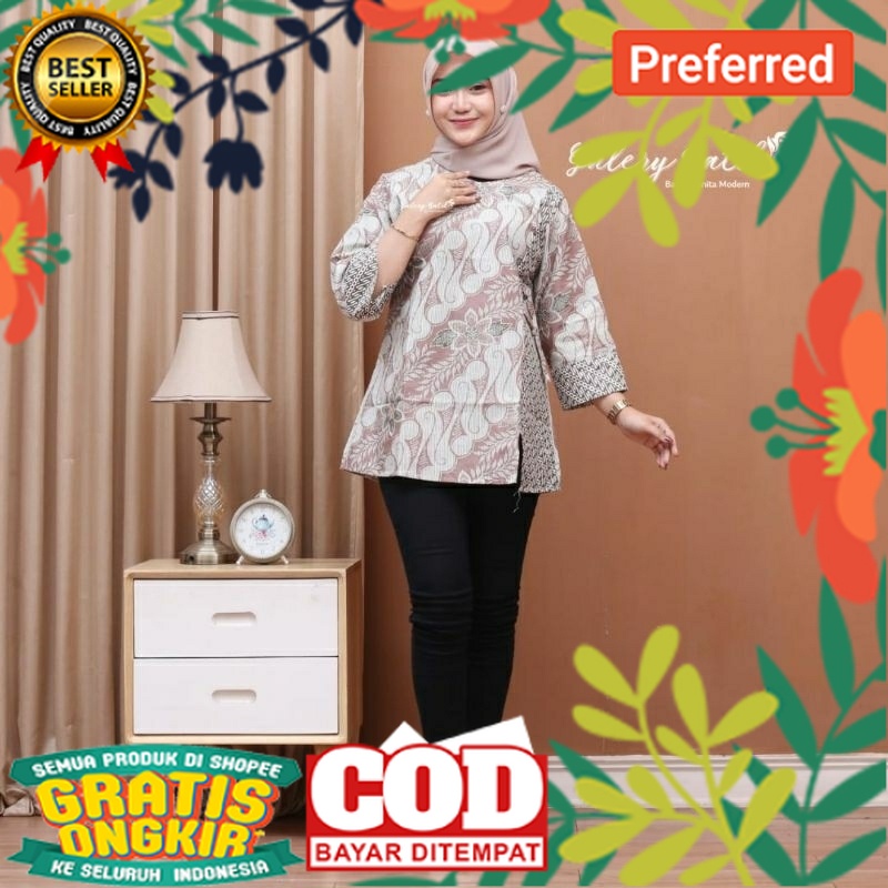 Baju Batik Wanita Modern Kantor Elegan Lengan 3/4 Panjang Balon Premium Jumbo Blouse Lebaran Wanita 