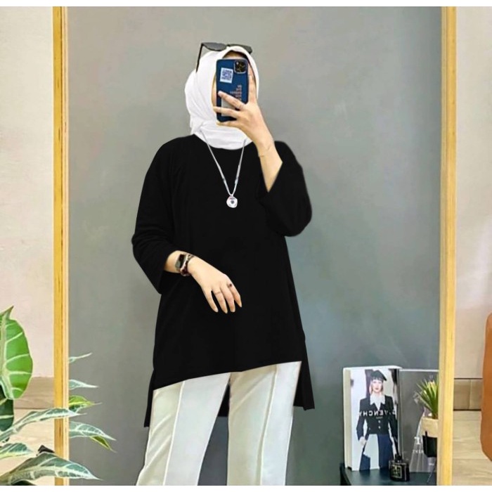 best -ORENBEE BAJU TUNIC MUSLIM WANITA DEWASA LENGAN 7/8 JUMBO OVERSIZE - Putih, FIT TO XXL