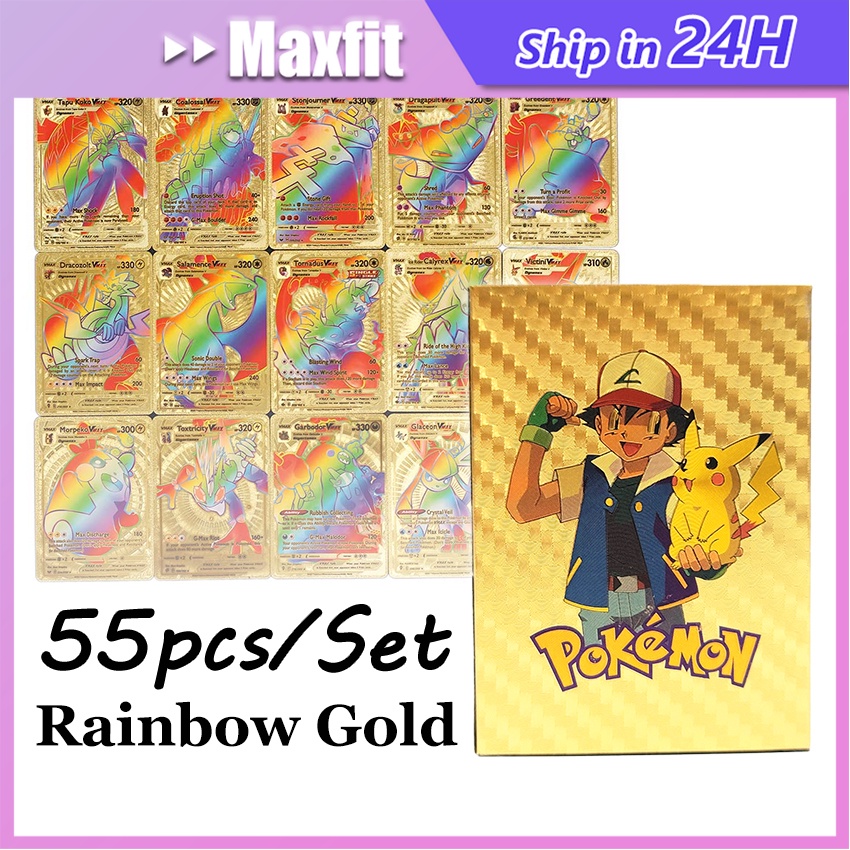 55Pcs Kartu Pokemon Emas Gold Foil Rainbow Card Kartu Koleksi Mainan Kartu Pokemon Tcg
