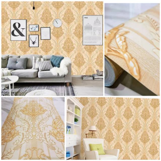 Wallpaper Dinding Batik Krem Mewah Elegan Ruang Tamu Mewah