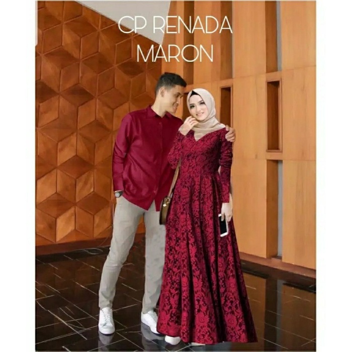 Baju Couple Brukat Sarimbit Kemeja Panjang Gamis Brokat Pesta Sepasang - Maroon