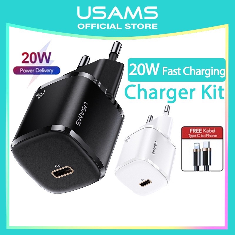 USAMS Original T36 Fast Charger Kepala Charger Cable Kit - Mini PD Fast Charger + Type-C to Lightnin