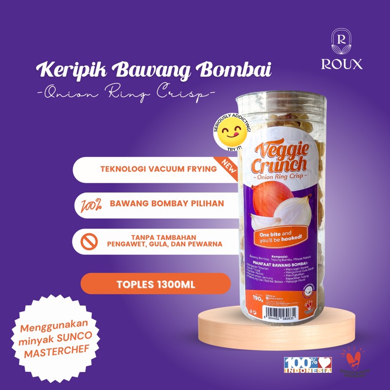 

VEGGIE CRUNCH KERIPIK BAWANG BOMBAY PREMIUM TOPLES 1300ml ONION RING ENAK GURIH RENYAH SEHAT HEALTHY SNACK
