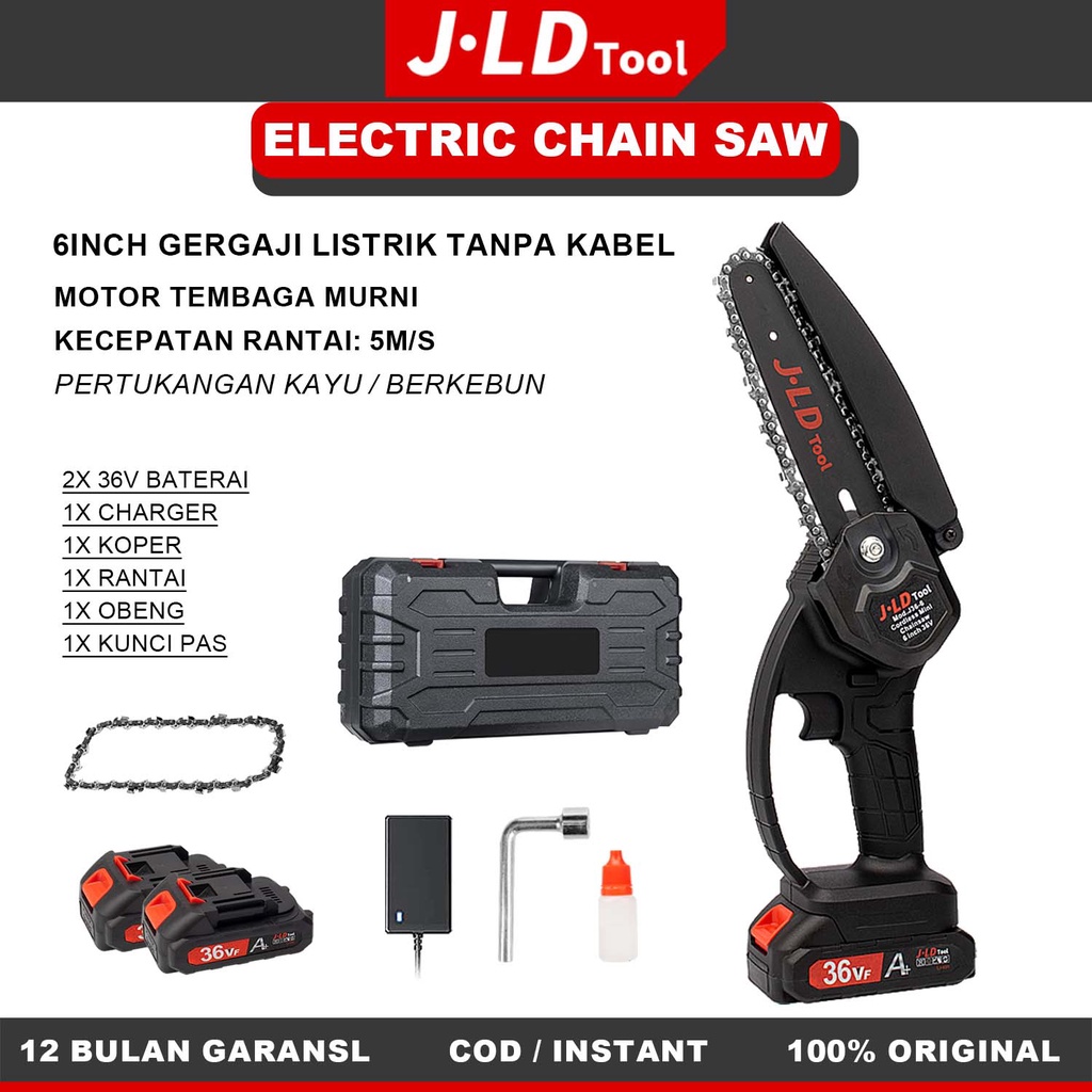 JLD 6inch Gergaji Listrik Kayu Rantai 36VF mini chainsaw Gergaji Baterai 2baterai Gergaji Tangan Por