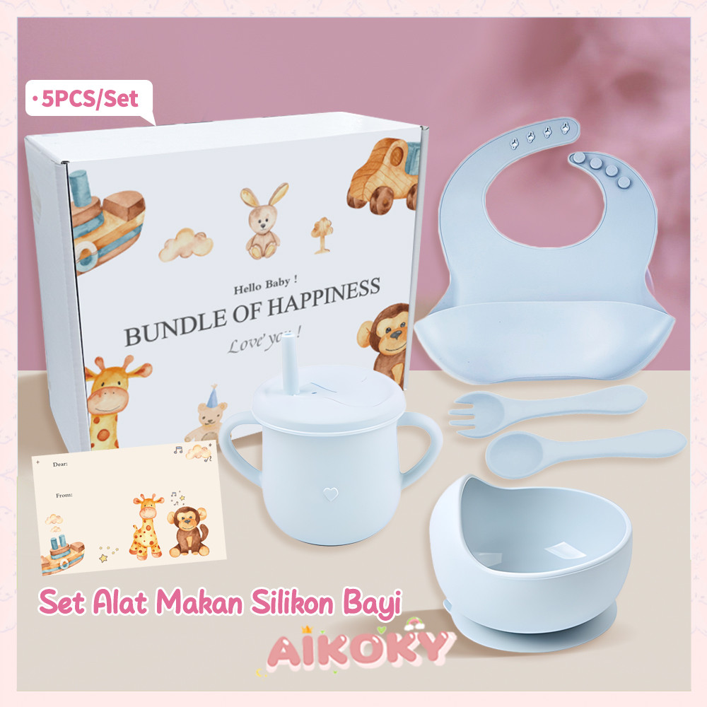 AIKOKY 5PCS Set Peralatan Makan Bayi / Celemek Makan Bayi Silikon / Mangkok Sendok Bayi / Training C