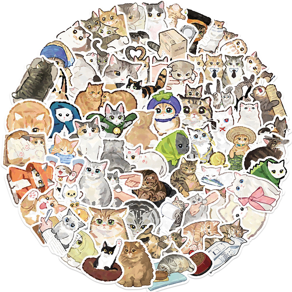 

10/30/77Pcs Cartoon Watercolor Cat Graffiti Stickers Diy Waterproof Decals For Laptop Suitcase Guitar Skateboard Fridge Phone