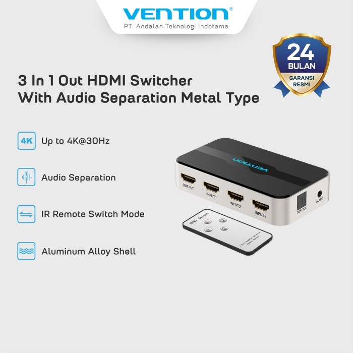Vention AFJ HDMI Switcher 3 in 1 Out With Audio Separation - AFJ