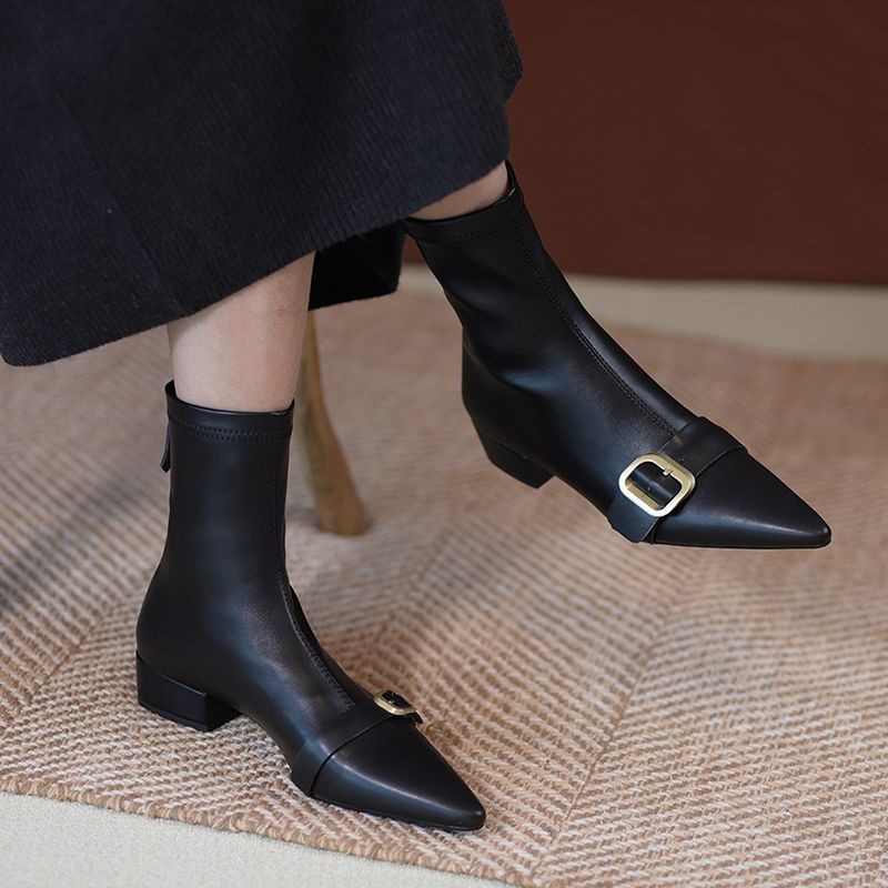 

Footwear Black Short Shoes for Women Elegant with Low Heels Booties Work Female Ankle Boots Pointed Toe Designer Luxury Autumn