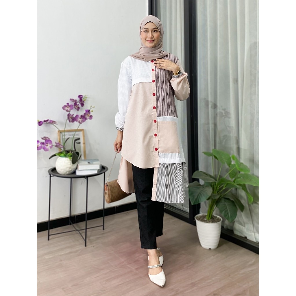 Loa Tunik Katun Kombinasi Warna Peach Long Tunik Kemeja Atasan Wanita Lengan Panjang