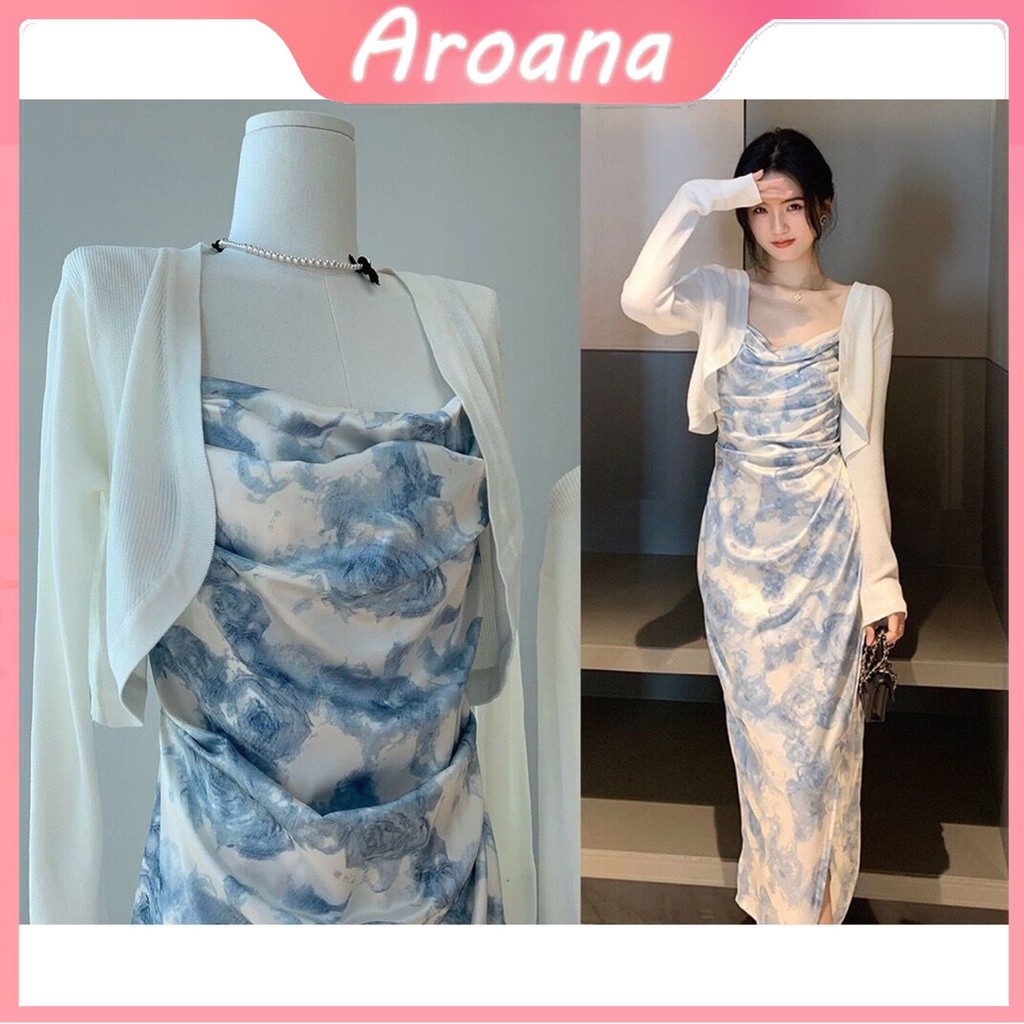 Dress Panjang Slip Motif Bunga Biru Korea