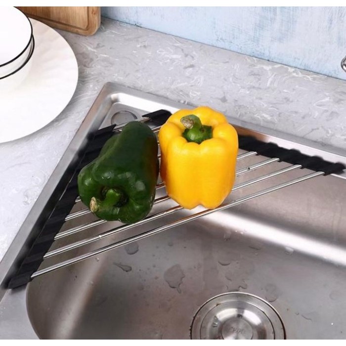 Tatakan Wastafel Segitiga Stainless Steel Tempat Sabun Spons Cuci Piring Tempat Tirisan Cucian Pirin