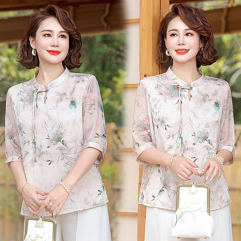 Baju musim panas ibu, baju gaya Cina, baju chiffon, baju musim panas baru 2024 gaya untuk usia tenga