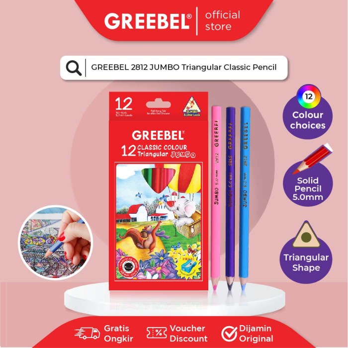 

[New] GREEBEL PENSIL WARNA 2812 JUMBO TRIANGULAR ISI 12 Colour Color Pencil
