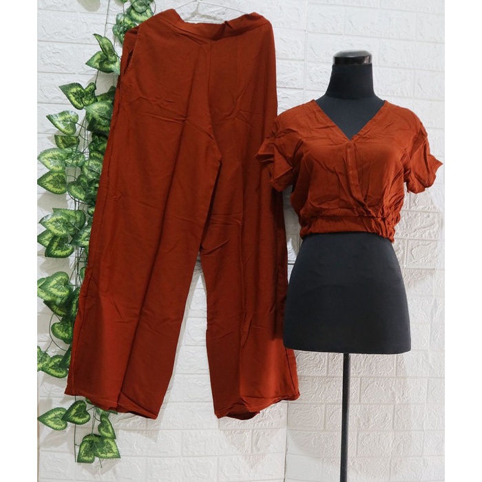 Baju Setelan wanita Crop Kekinian Karet / Set Crop Wanita Rayon Bali - Cokelat