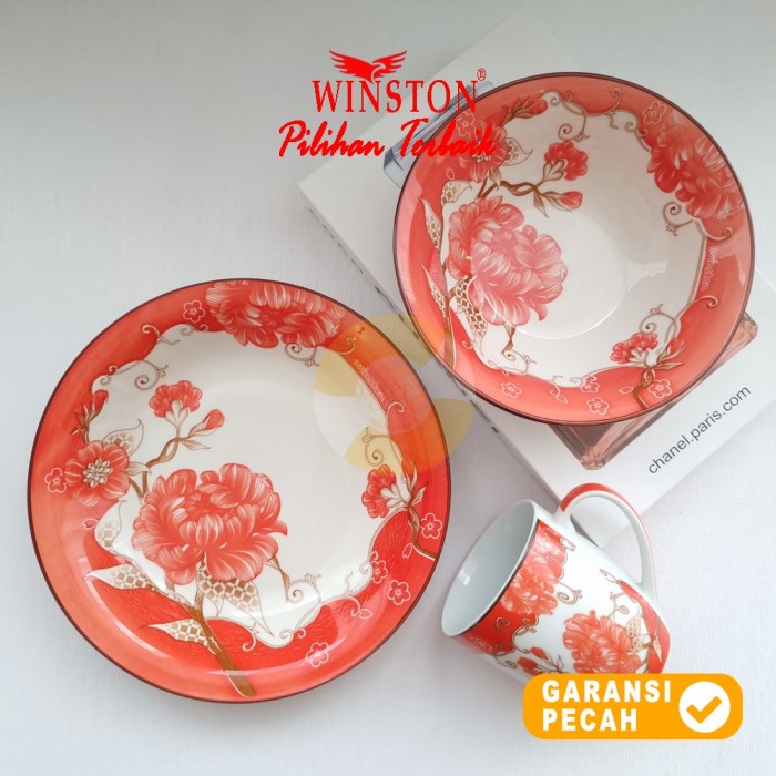 WINSTON 3pcs Set Paket Piring Mangkok Mug CHRYSAN RED |Paket Hemat 3pc