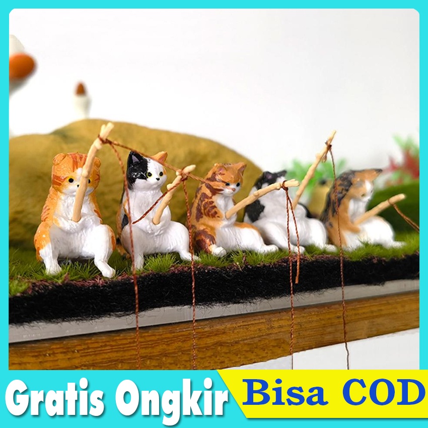 Ornamen Kucing Memancing Dekorasi Aquarium Ikan Lansekap Patung Kucing Kartun