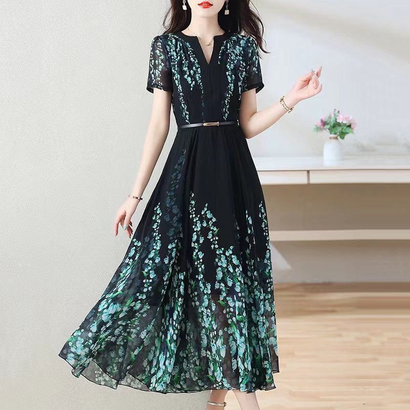 Gaun Motif Bunga Korea Wanita Dress Pesta Sifon Poliester Panjang