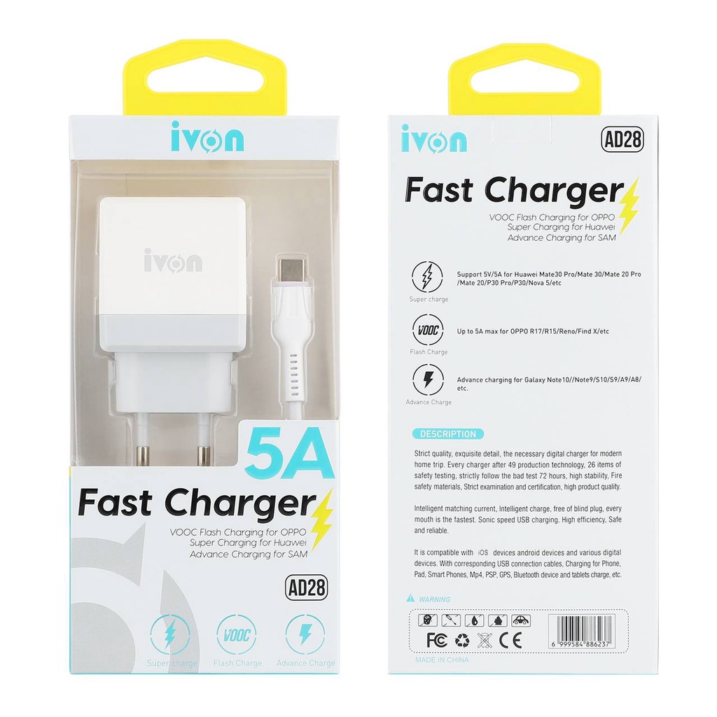 iVON Fast Charger 5A Super Charging USB Type-C VOOC Flash Kepala/Batok Charger HP for Huawei/Honor O