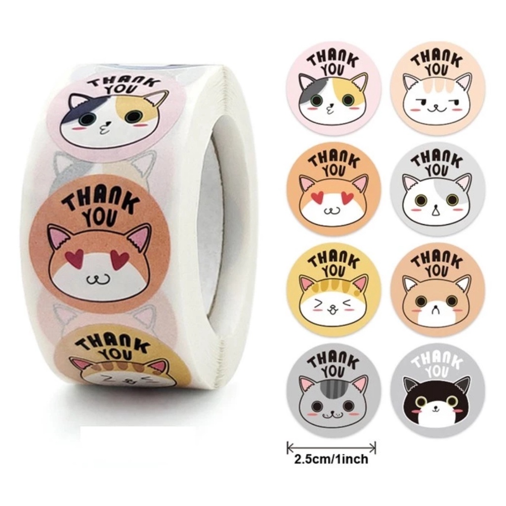 

(HOCANPARTY) STIKER LABEL THANK YOU STICKER ROLL LABEL THANK YOU MOTIF CAT KEPALA KUCING 500 PC