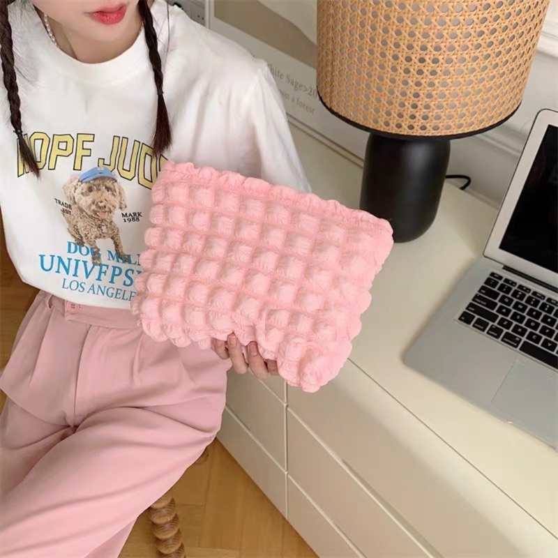 TAS KOSMETIK KOREA / WAFFLE POUCH JUMBO SIZE / WADAH MAKEUP POUCH / TRAVEL SKINCARE POUCH / MOIRE PO
