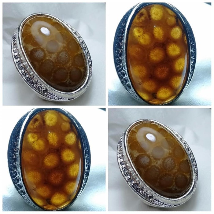 Cincin Batu Akik Motif Gambar Bunga Teratai Tawon Antik 1