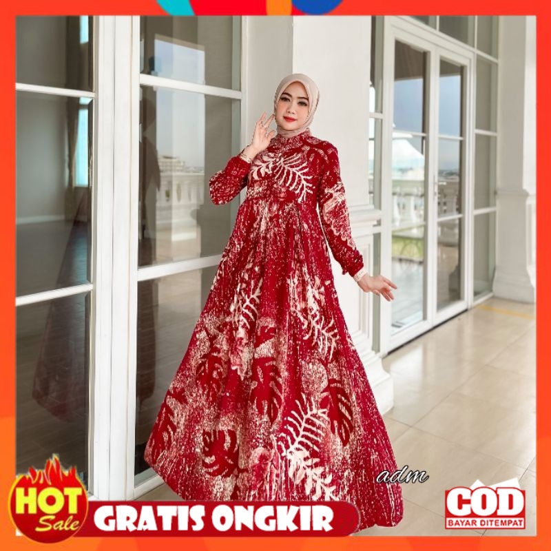 KAIN ADEM HALUS TEBAL / RED LEAF DRESS / Gamis Twill Merah Terbaru 2021 / Gamis Rayon Candi Mekar S,