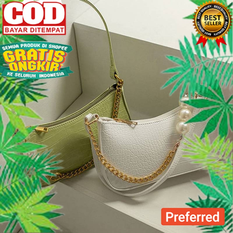 Tas Selempang Wanita Fashion Handbag Sling Bag Shoulder Bag French Vintage Crocodile Stripe Pearl Ch