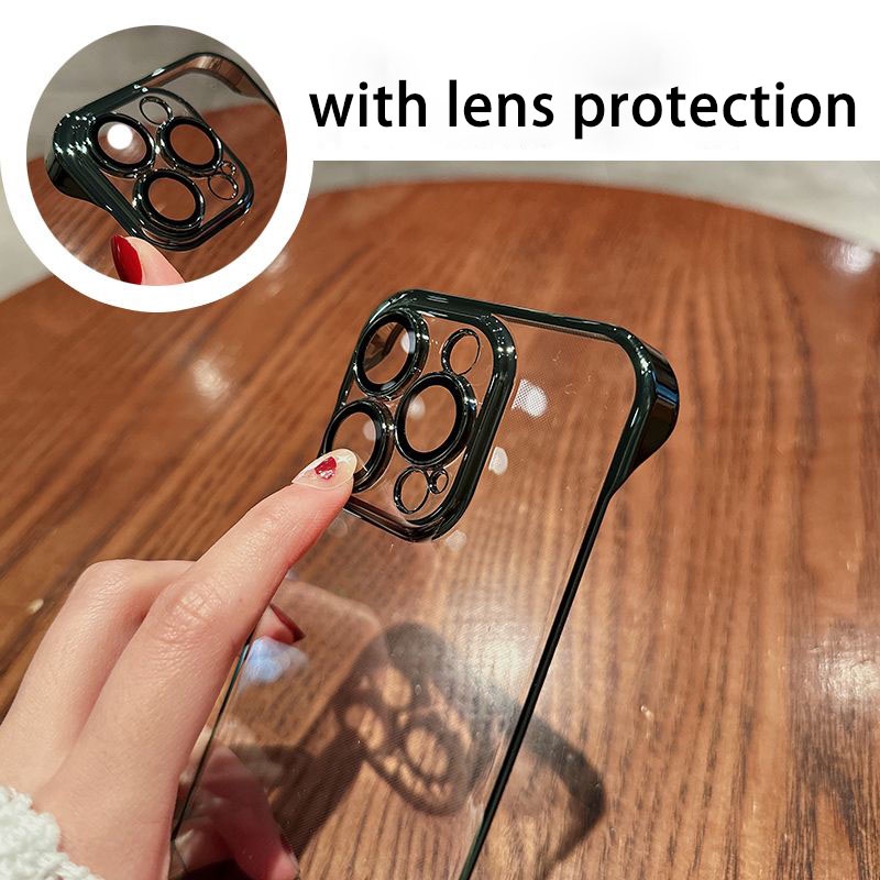 NEW!!! premium Plating Frameless Transparent casing iphone 15 14 13 pro max Plus pelindung kamera Gl