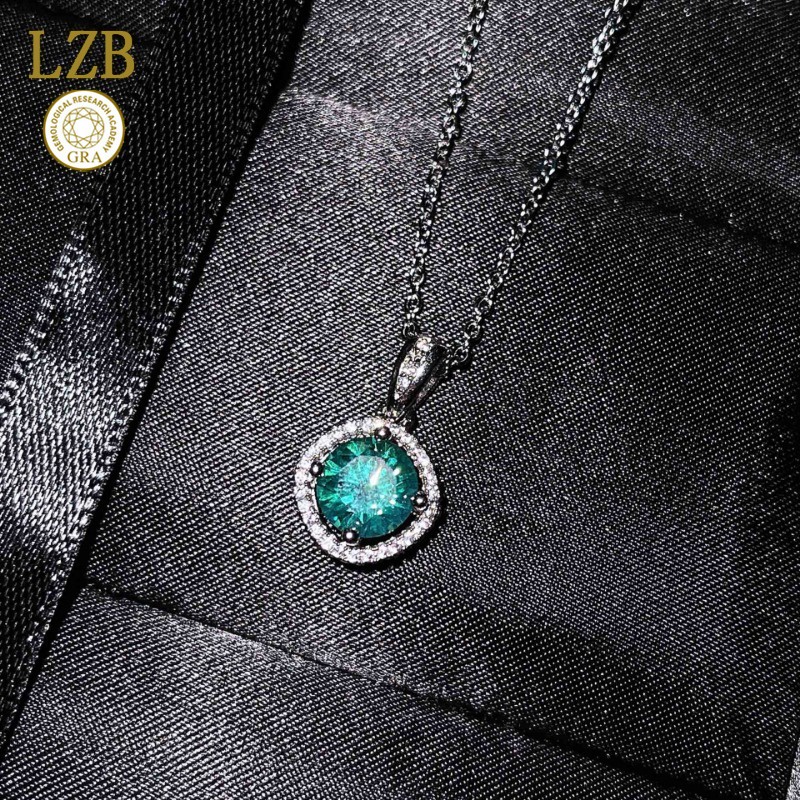 Kalung Berlian Hijau Biru Persegi Liontin Pt950