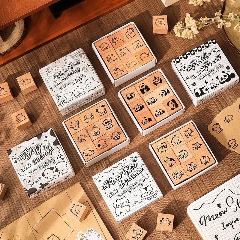 

9pcs/set Cute Cartoon Animal Stamp for Children Sweet Cat Puppty Capybara Wooden Stamp Kawaii DIY Decor Scrapbook Journal Stamp