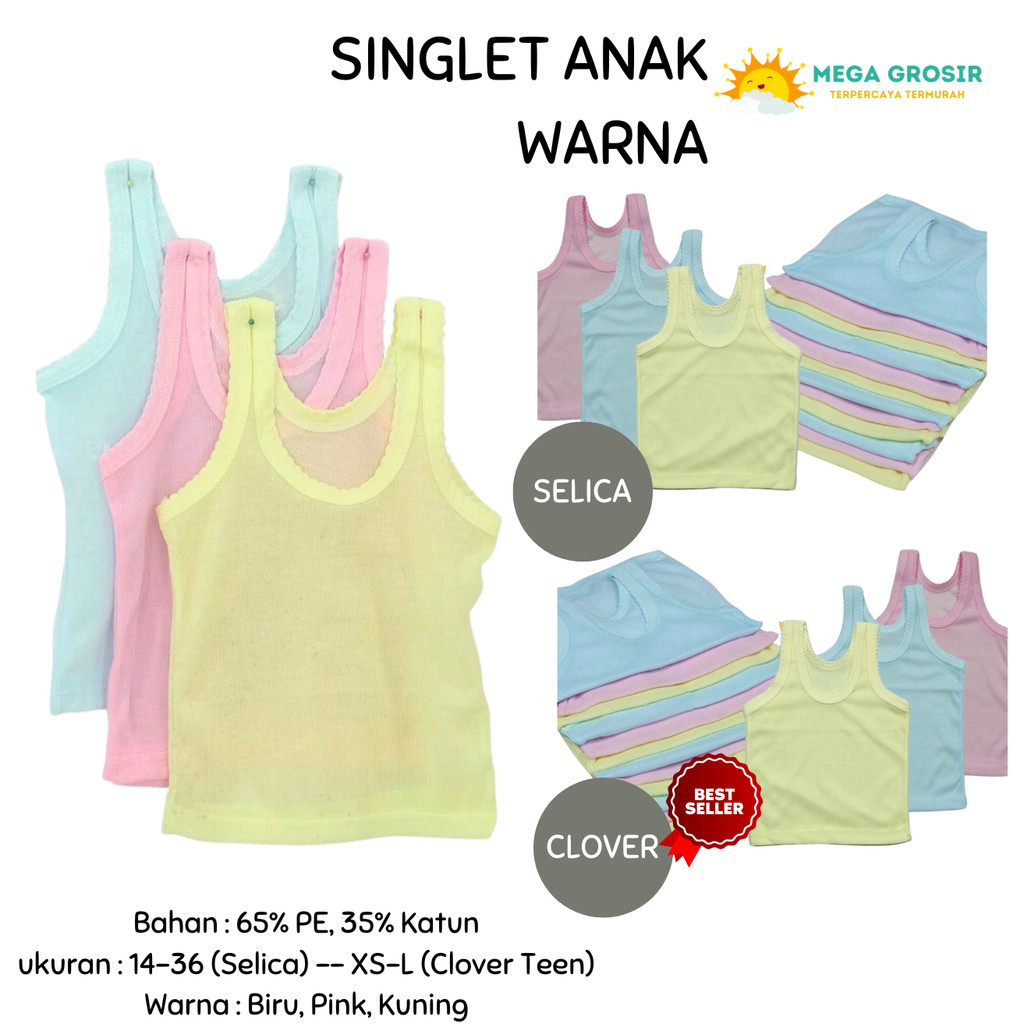 Kaos Dalam Remaja SELICA ; CLOVER Warna Warni Katun / Singlet Anak Aneka Warna / Pakaian Dalam Anak