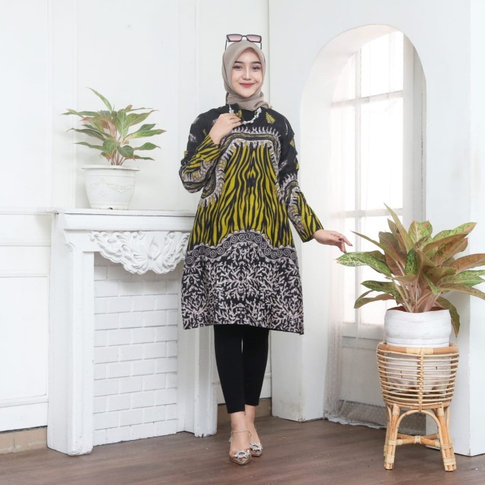 Baju Batik Wanita Tunik Modern Terbaru Warna Hitam Kuning #06