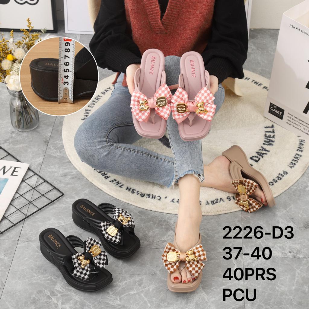 Sandal Jepit Wedges Wanita Motif Pita Gold Bear Tinggi 5CM Non-Slip Import 2226-D3