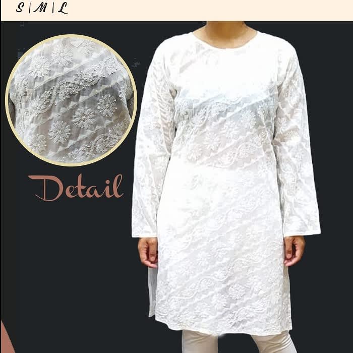 Baju Kurti Putih Sun Flowers Bordir India ( Tunik / Bluss / Muslim )