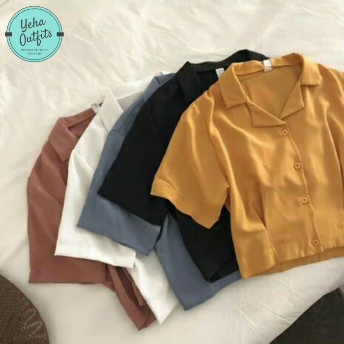 Kemeja Crop Yunka | Baju Kemeja Kerja Atasan Wanita Korea Katun Polos - Cream