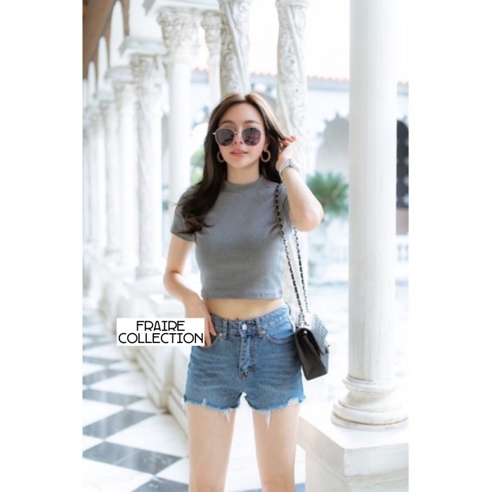 Baju Atasan Kaos O Neck Crop Top Lengan Pendek Wanita HIOR TOP Import - Maroon