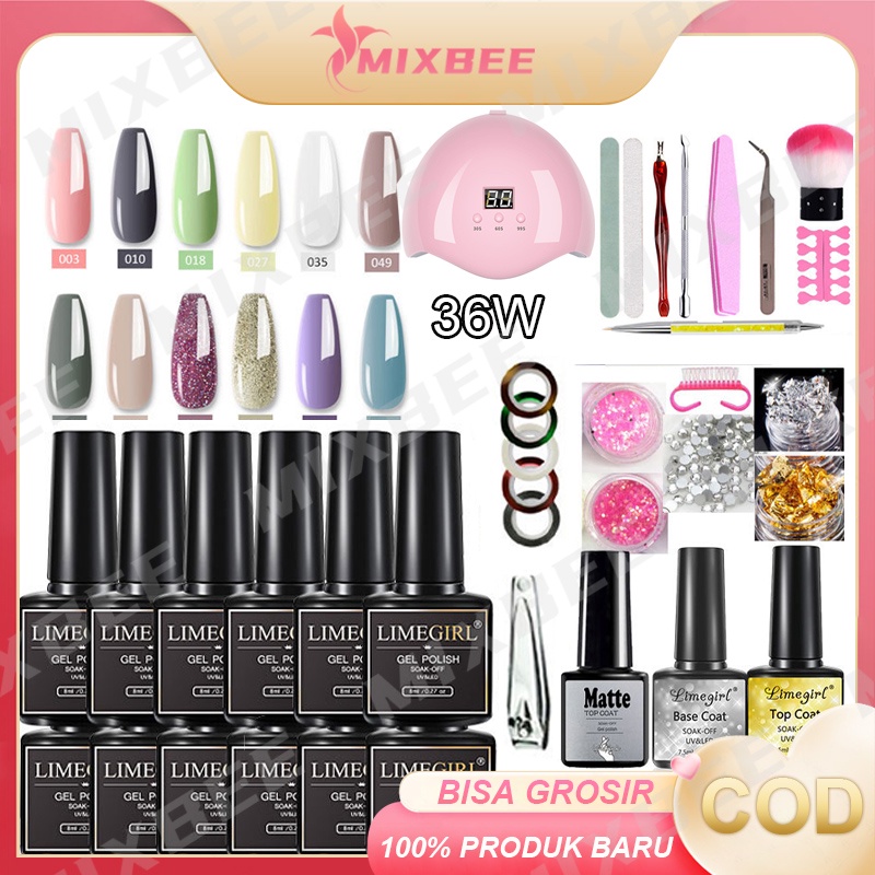 Set Seni Kuku Paket usaha Nail gel Lengkap Set Kutek Gel Lampu Kuku UV 36W 12 Warna Cat Kuku Gel, Se